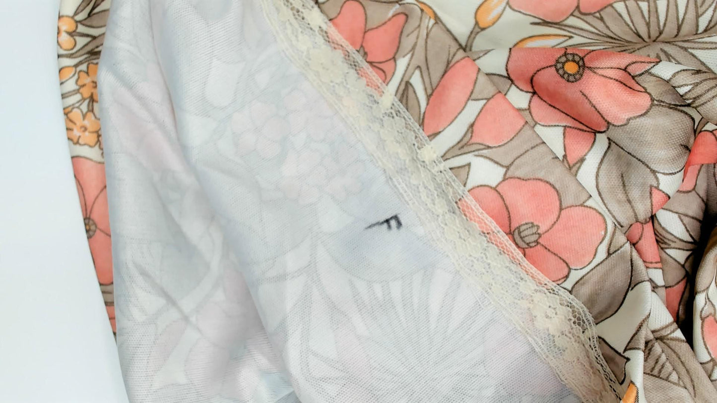 70s Tropical Floral Shift Dress Cream Pink Coral Three-Quarter Sleeve Extra Small XS
