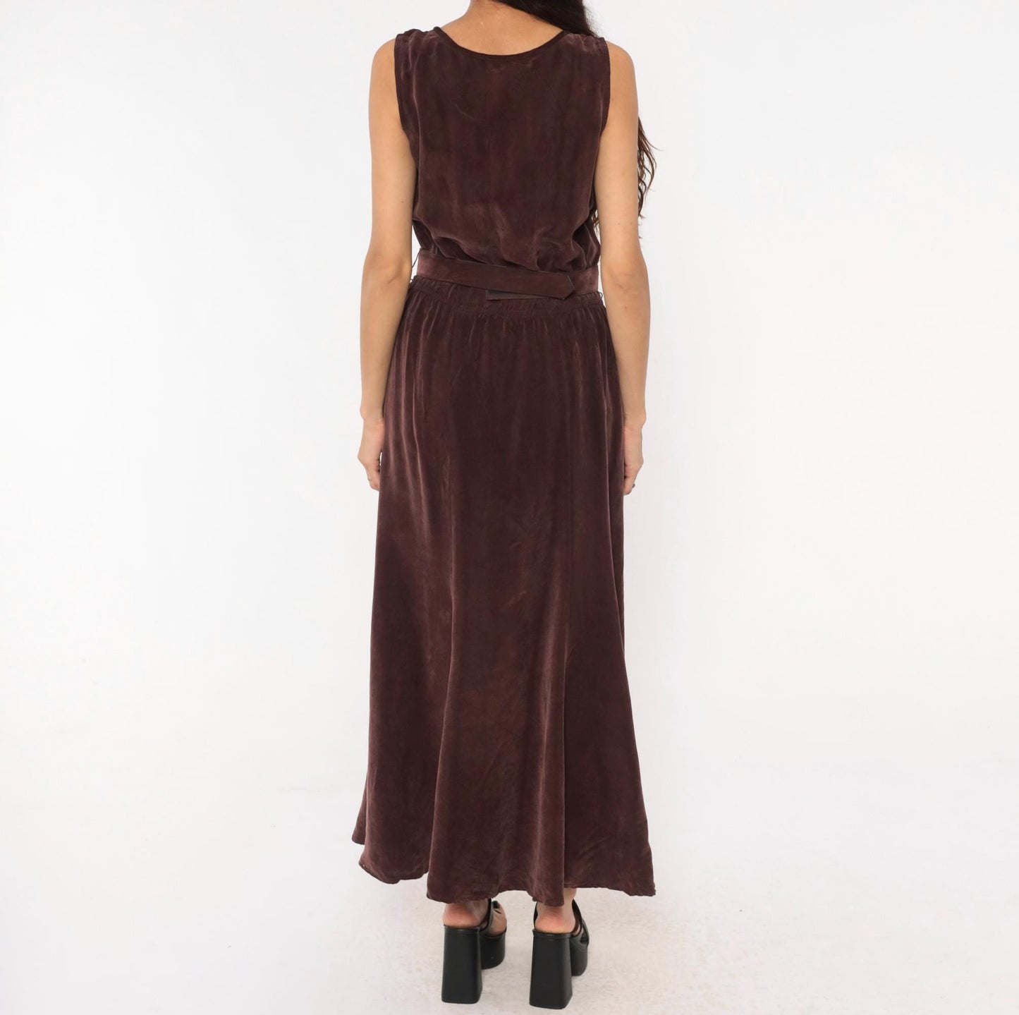 90s Plum Velvet Maxi Dress Sleeveless Scoop Neck Floral Belt Small Medium