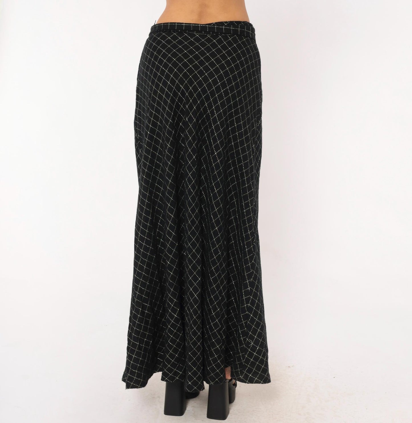 70s Signature Black Maxi Skirt Diamond Quilted Silver Metallic Medium M