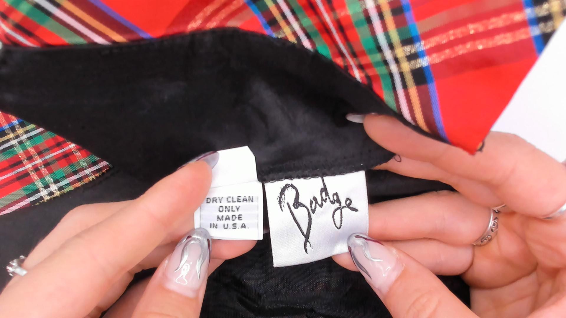 90s Badge Black Crushed Velvet Mini Dress Red Tartan Ruffle Off-Shoulder Extra Small XS