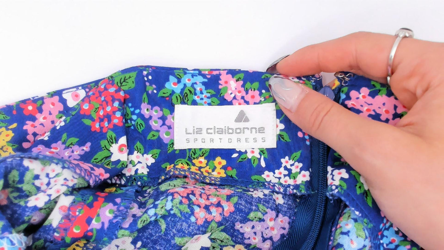 90s Liz Claiborne Floral Sundress Blue Pink Garden Print Mini Medium M