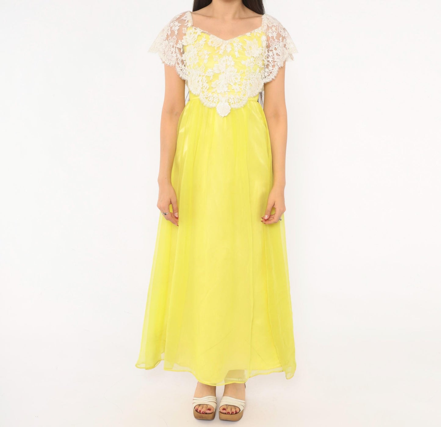 70s Yellow Chiffon Maxi Dress White Lace Overlay Empire Waist V Neck Extra Small XS