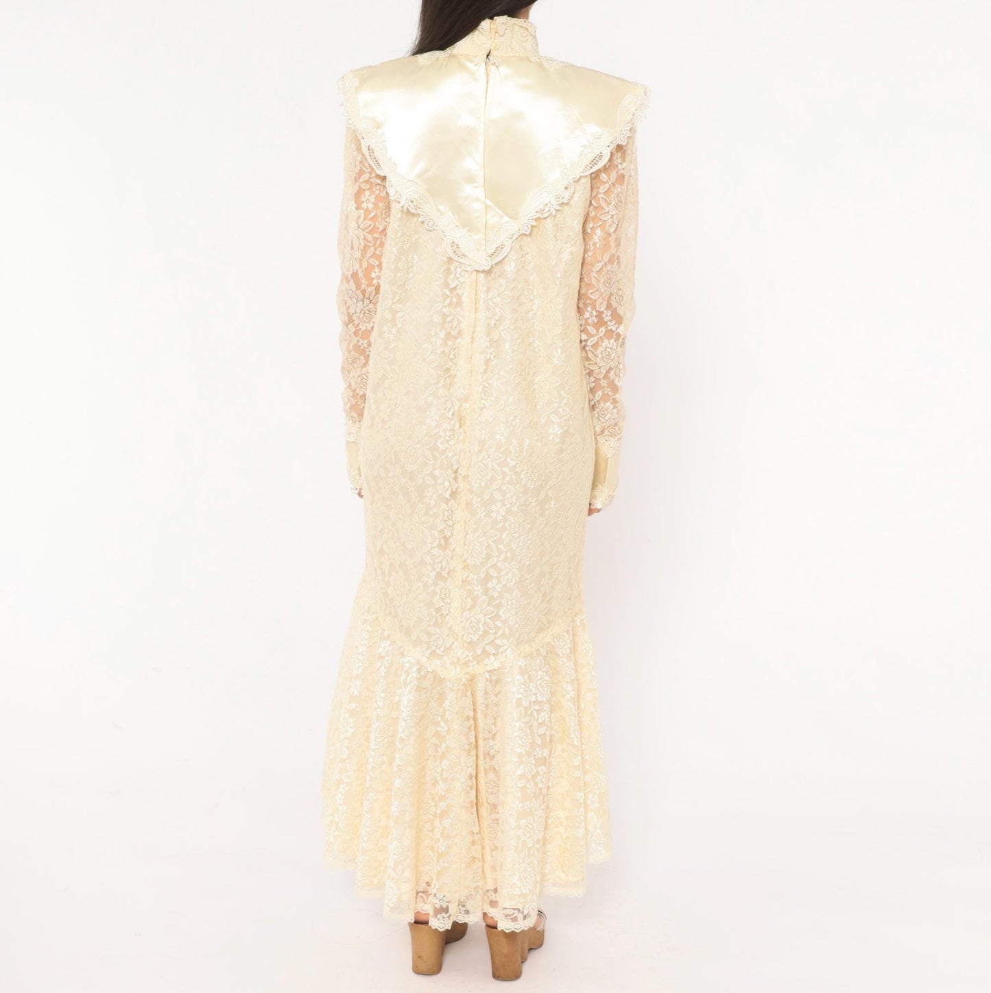 80s Jessica Mclintock Cream Lace Mermaid Wedding Dress High Neck Satin Bib Medium M
