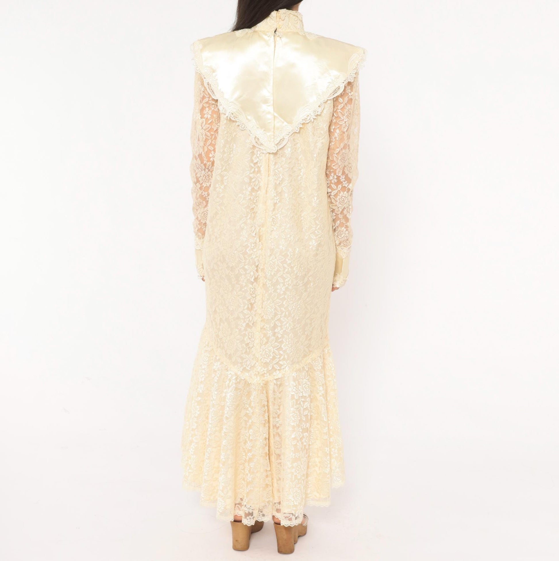80s Jessica Mclintock Cream Lace Mermaid Wedding Dress High Neck Satin Bib Medium M