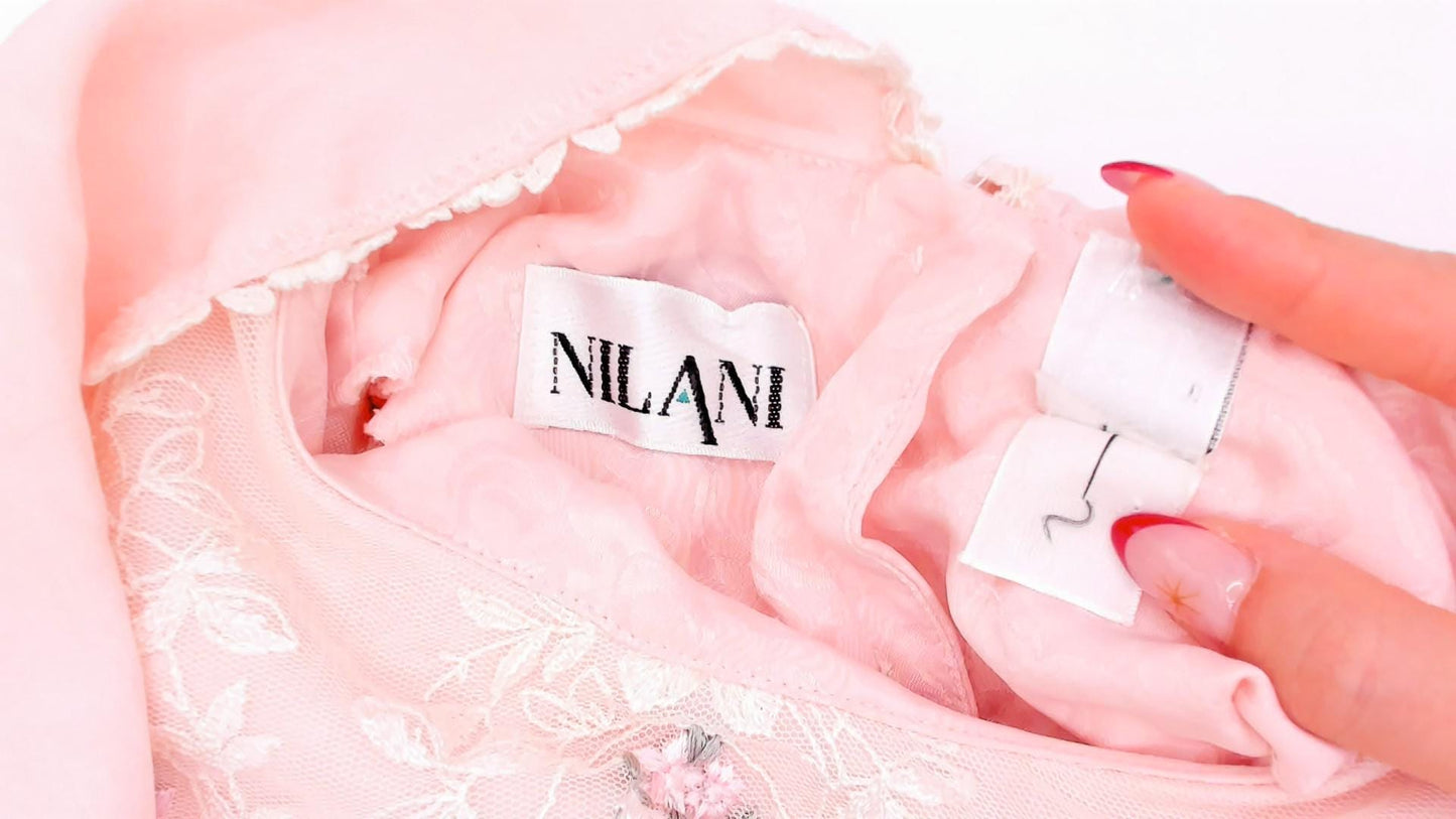 80s Nilani Blush Pink Maxi Dress Lace Cape Collar Floral Jacquard Small