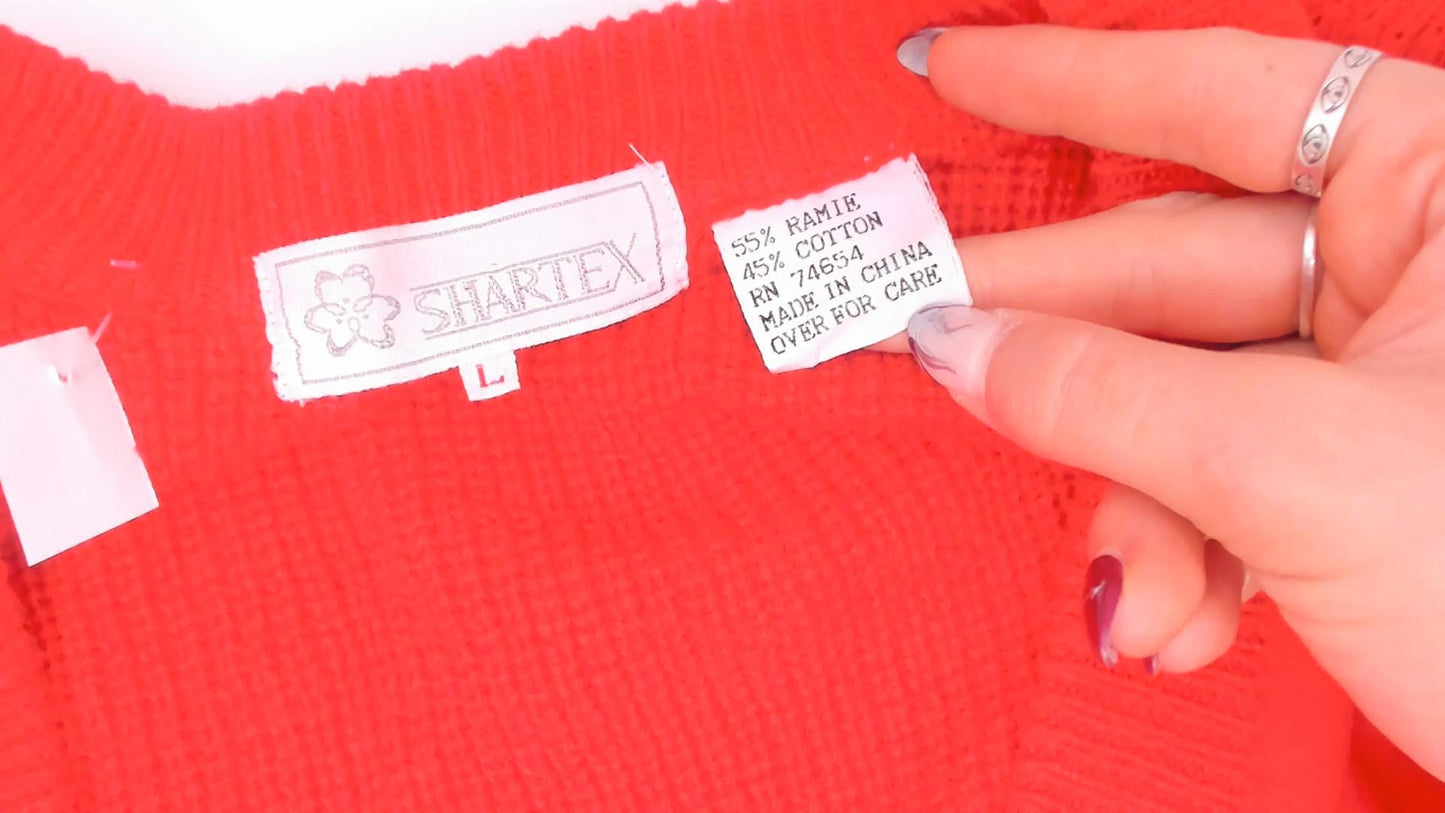 90s Shartex Red Cardigan V-Neck Button Front Knit Embroidered Crest Large L