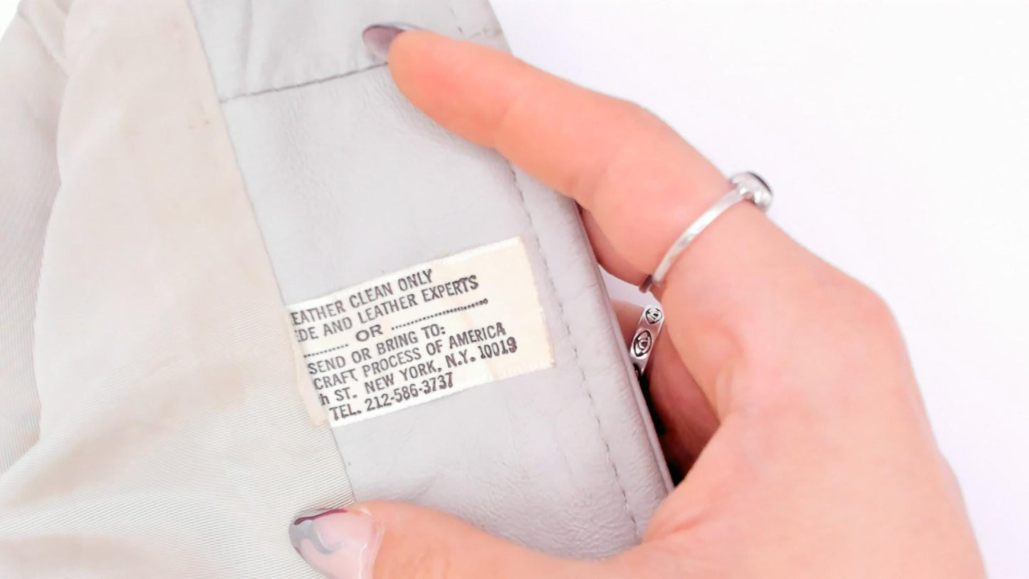 70s Grey Leather Coat Cream Fur Collar Belted Mini Jacket Small S