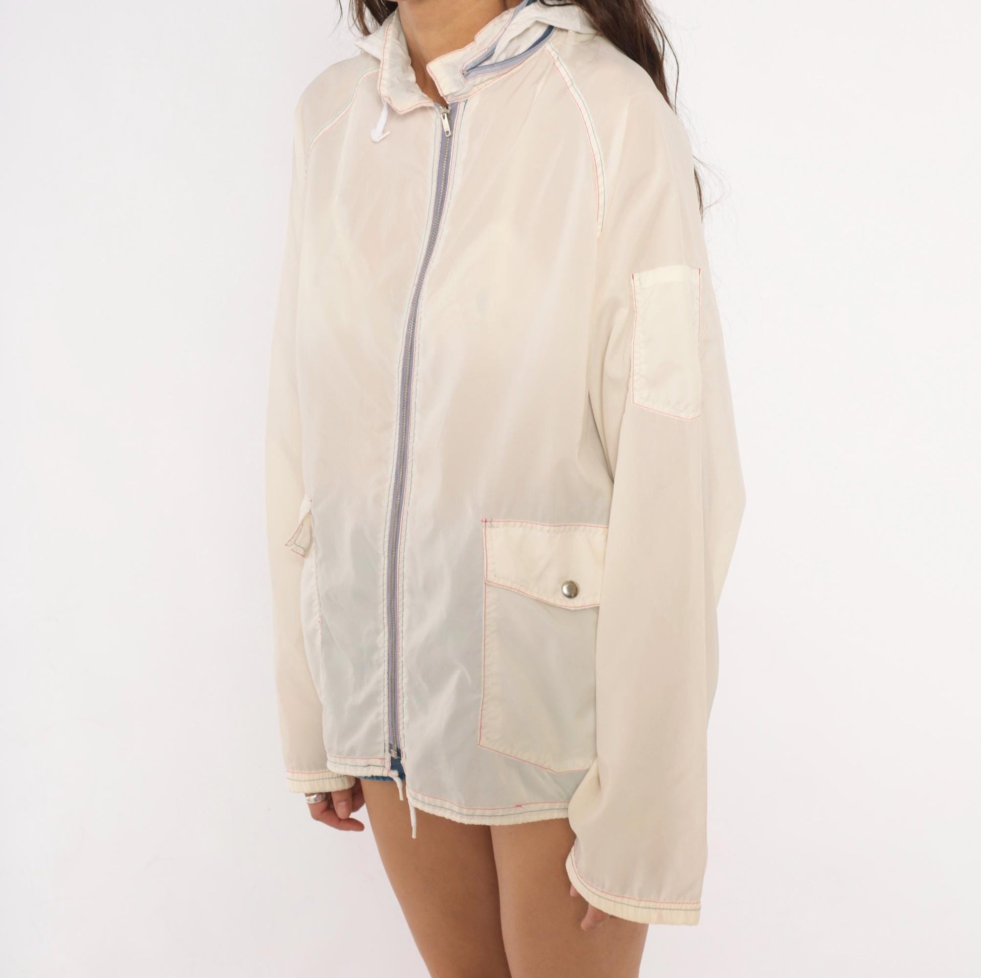 80s White Nylon Windbreaker Hooded Zip Jacket Colour Block Medium
