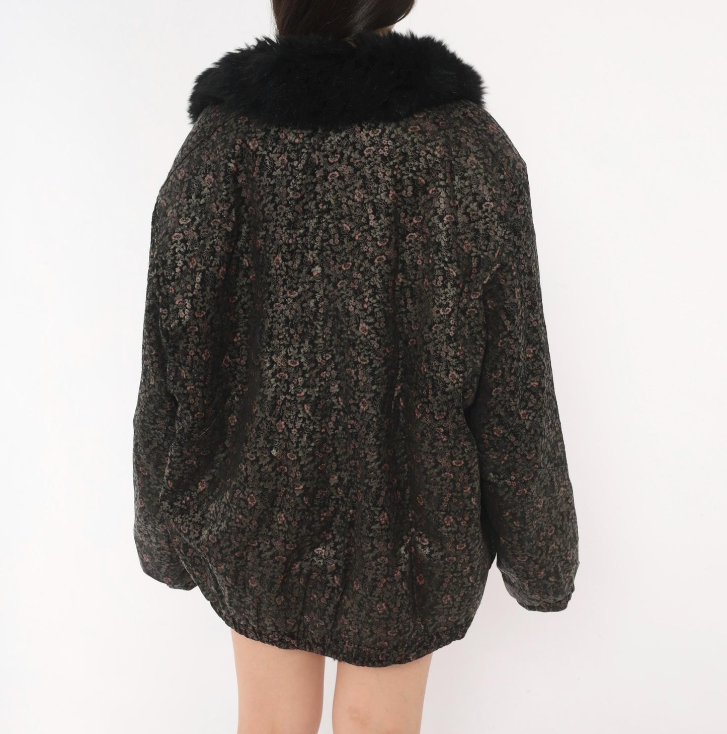 90s Black Floral Suede Bomber Jacket Faux Fur Collar Pink Extra Large