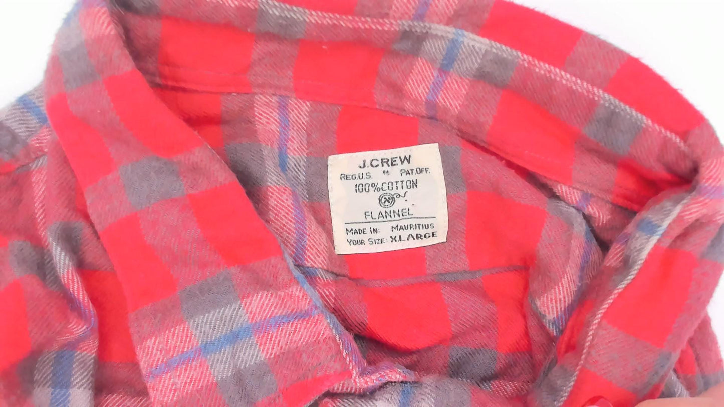 2000s J.Crew Red Plaid Flannel Button-Up Shirt Cotton Grey Blue Check Extra Large XL
