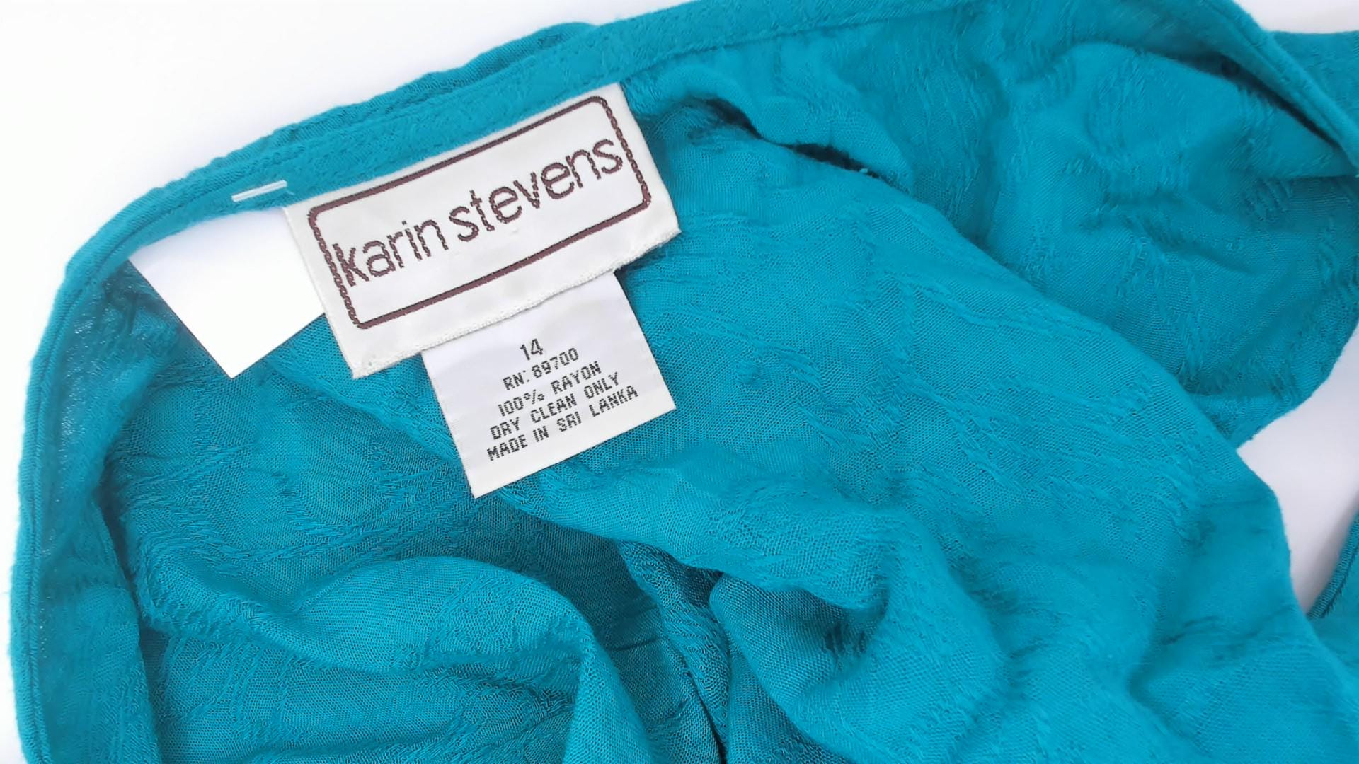 90s Karin Stevens Teal Maxi Dress Sleeveless Empire Waist Ankle Length Large L