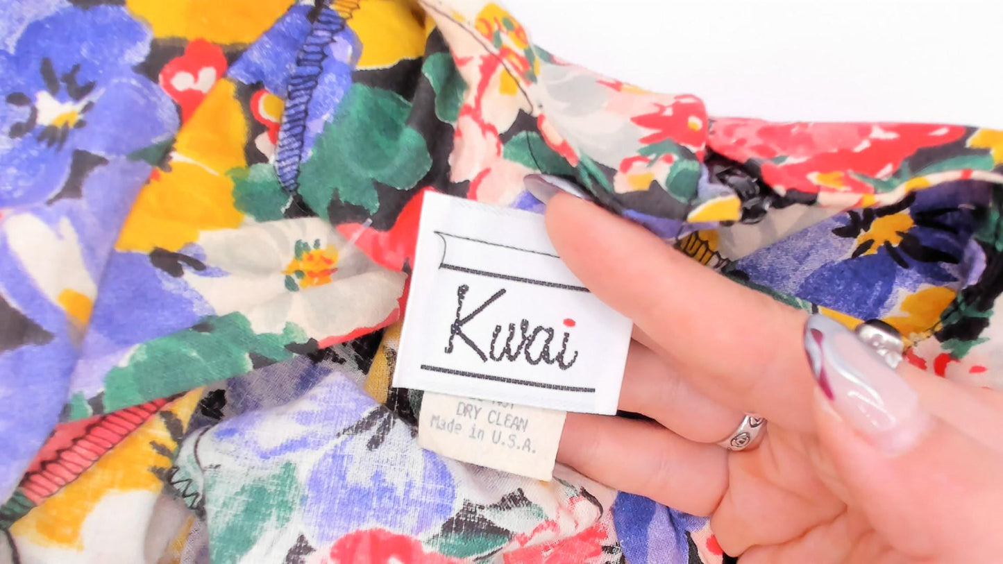 90s Kwai Floral Midi Dress Cutout Back Puff Sleeve Cotton Medium M