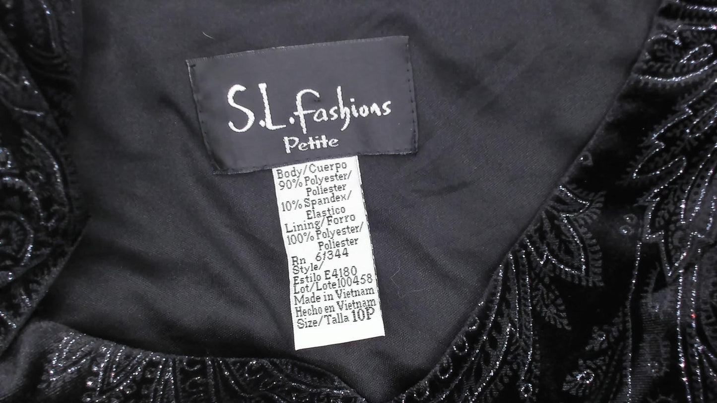 90s S.L. Fashions Black Velvet Paisley Glitter Dress Flutter Sleeve Medium Petite