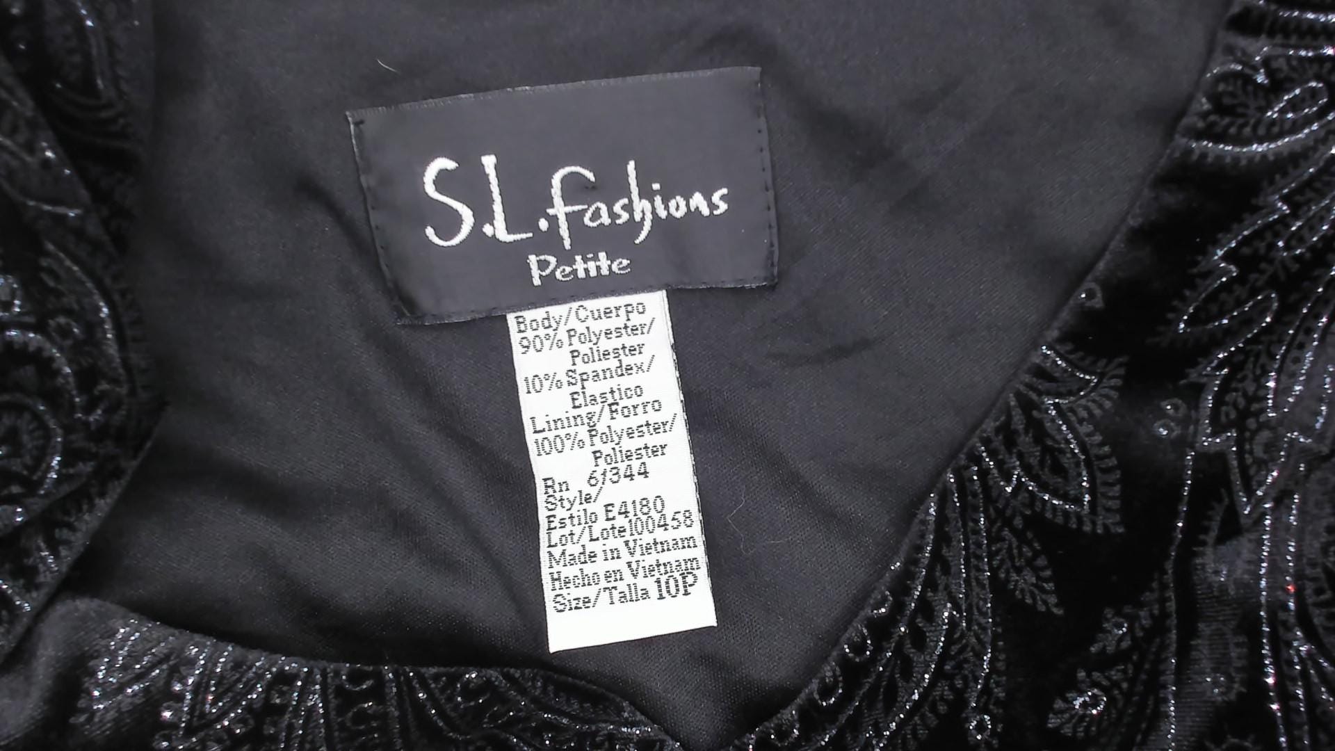 90s S.L. Fashions Black Velvet Paisley Glitter Dress Flutter Sleeve Medium Petite
