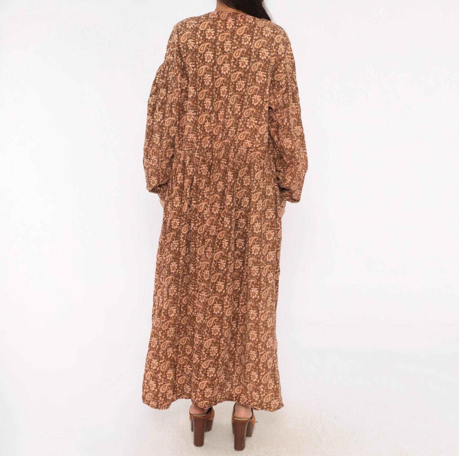 90s Brown Paisley Floral Maxi Dress Cotton Button Front Balloon Sleeve Large