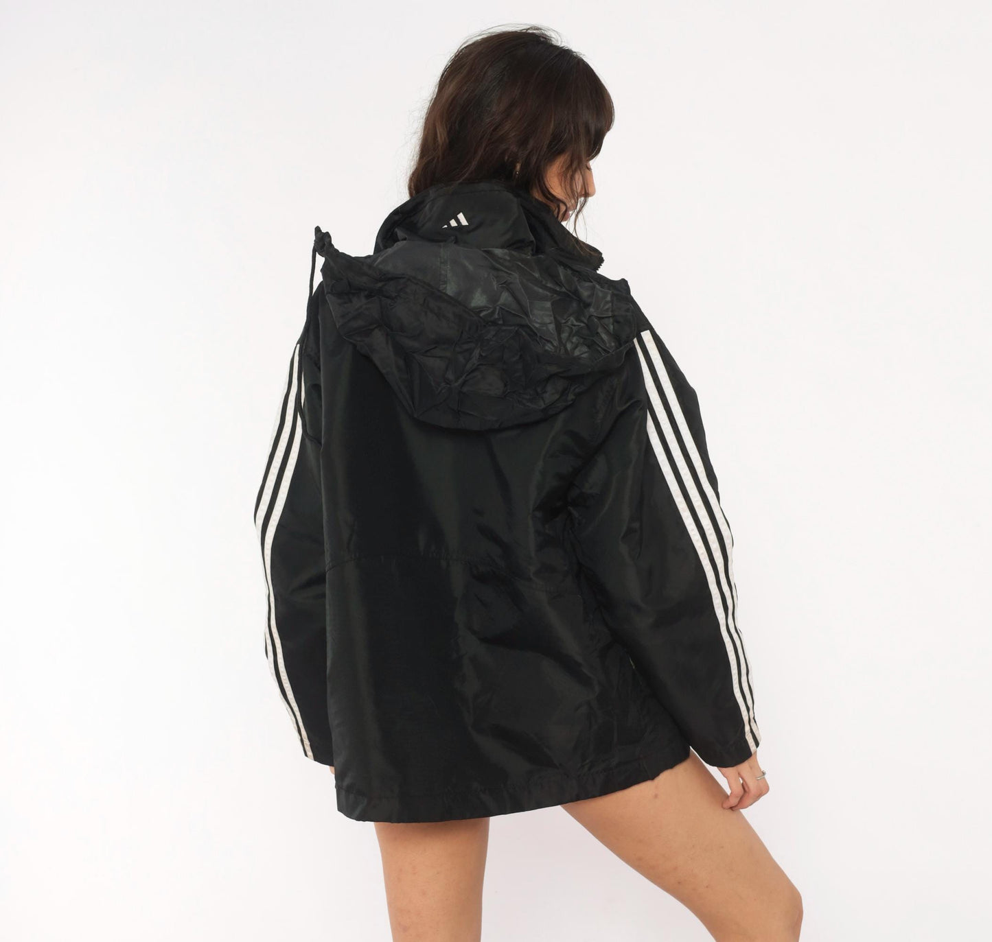 90s Adidas Windbreaker Black Olive Three Stripe Hooded Nylon Jacket Medium M