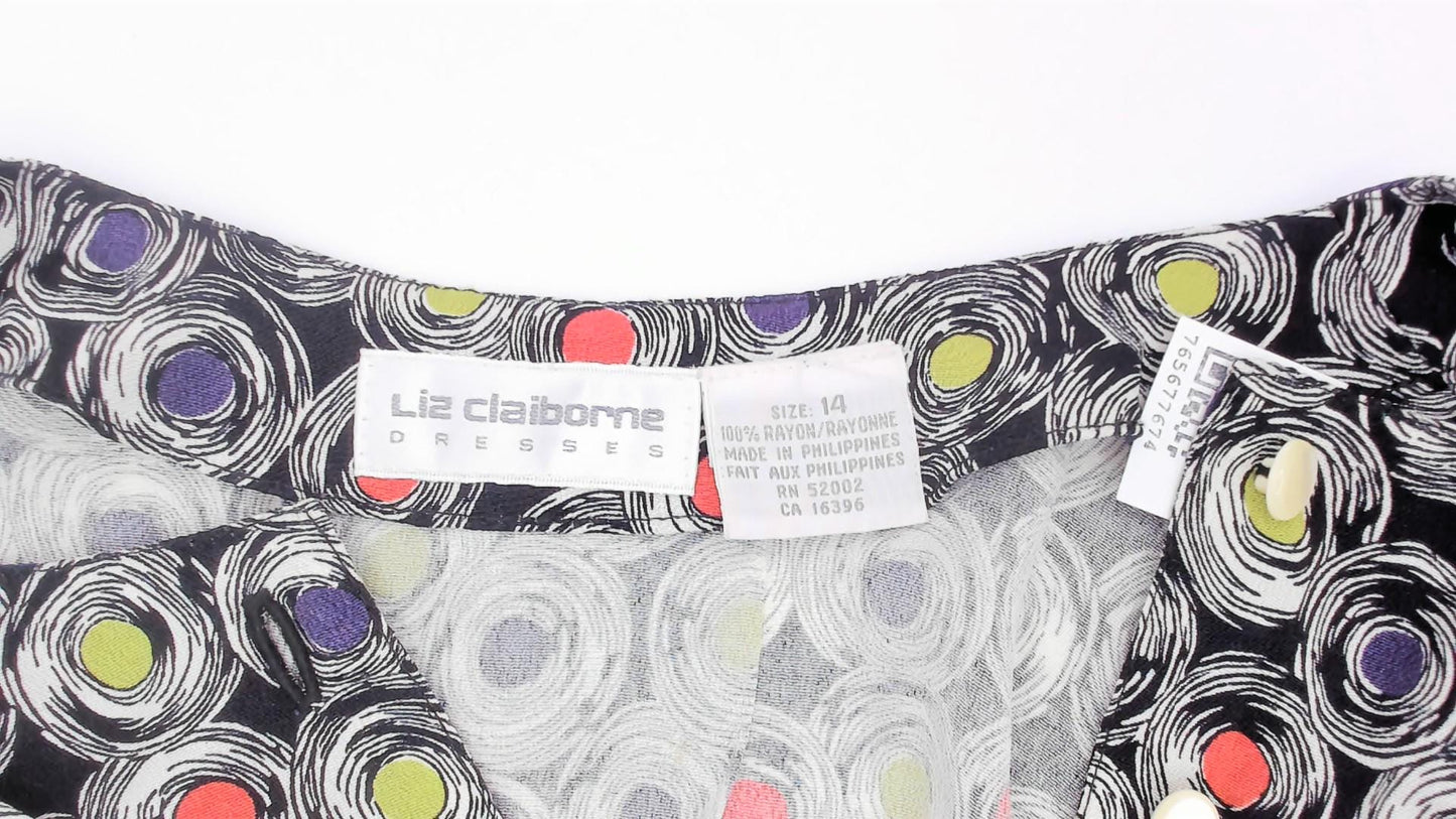 90s Liz Claiborne Maxi Dress Abstract Swirl Print Black Purple Green Coral Large L