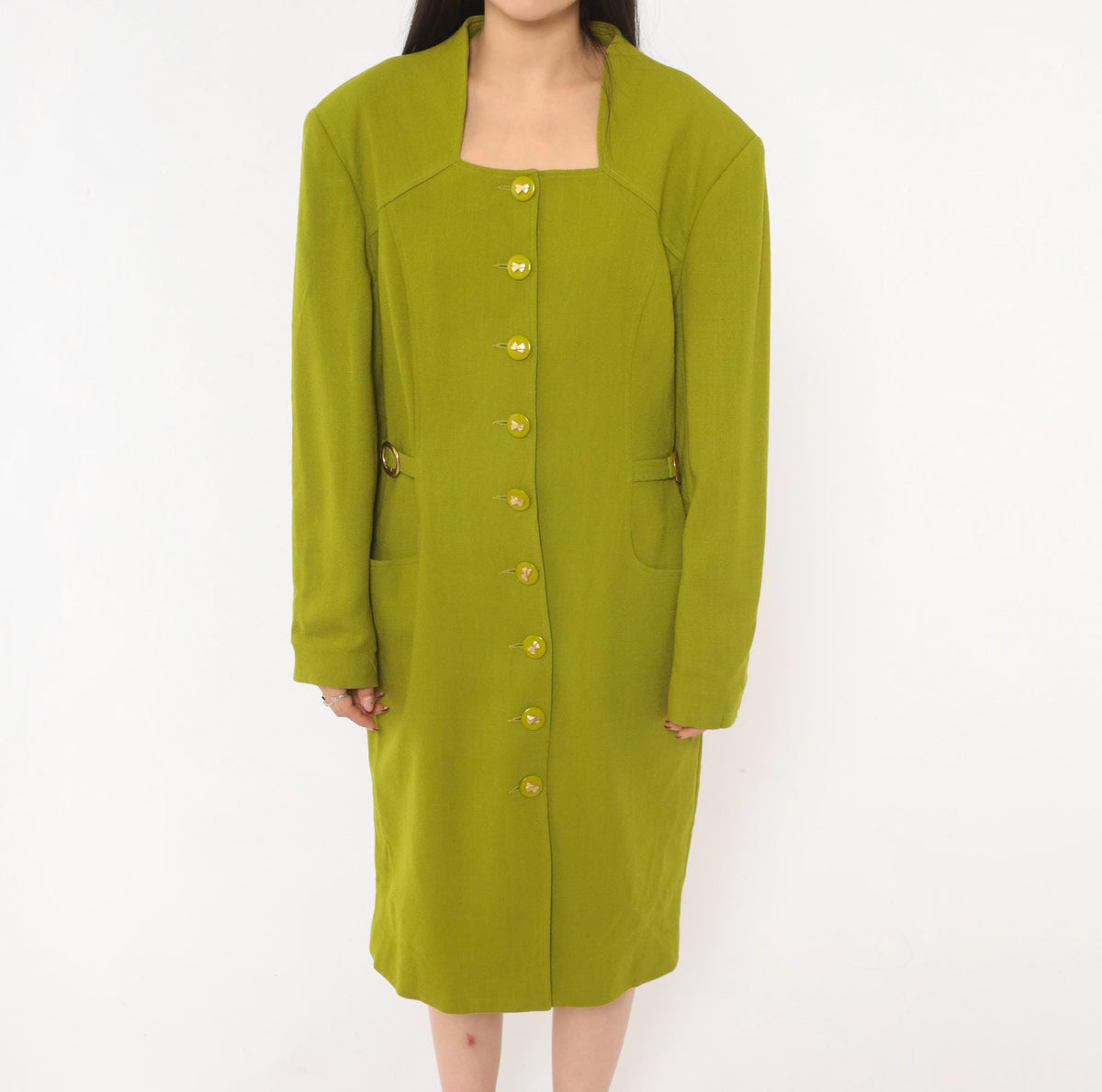 80s Lauren Taylor Wool Coat Dress Olive Green Gold Buttons Power Dressing Large L