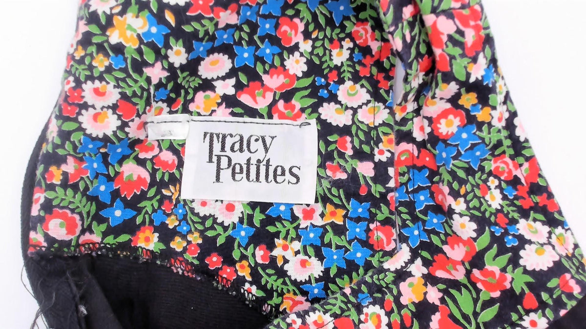 70s Tracy Petites Black Floral Calico Sundress Square Neck Tie Back XS