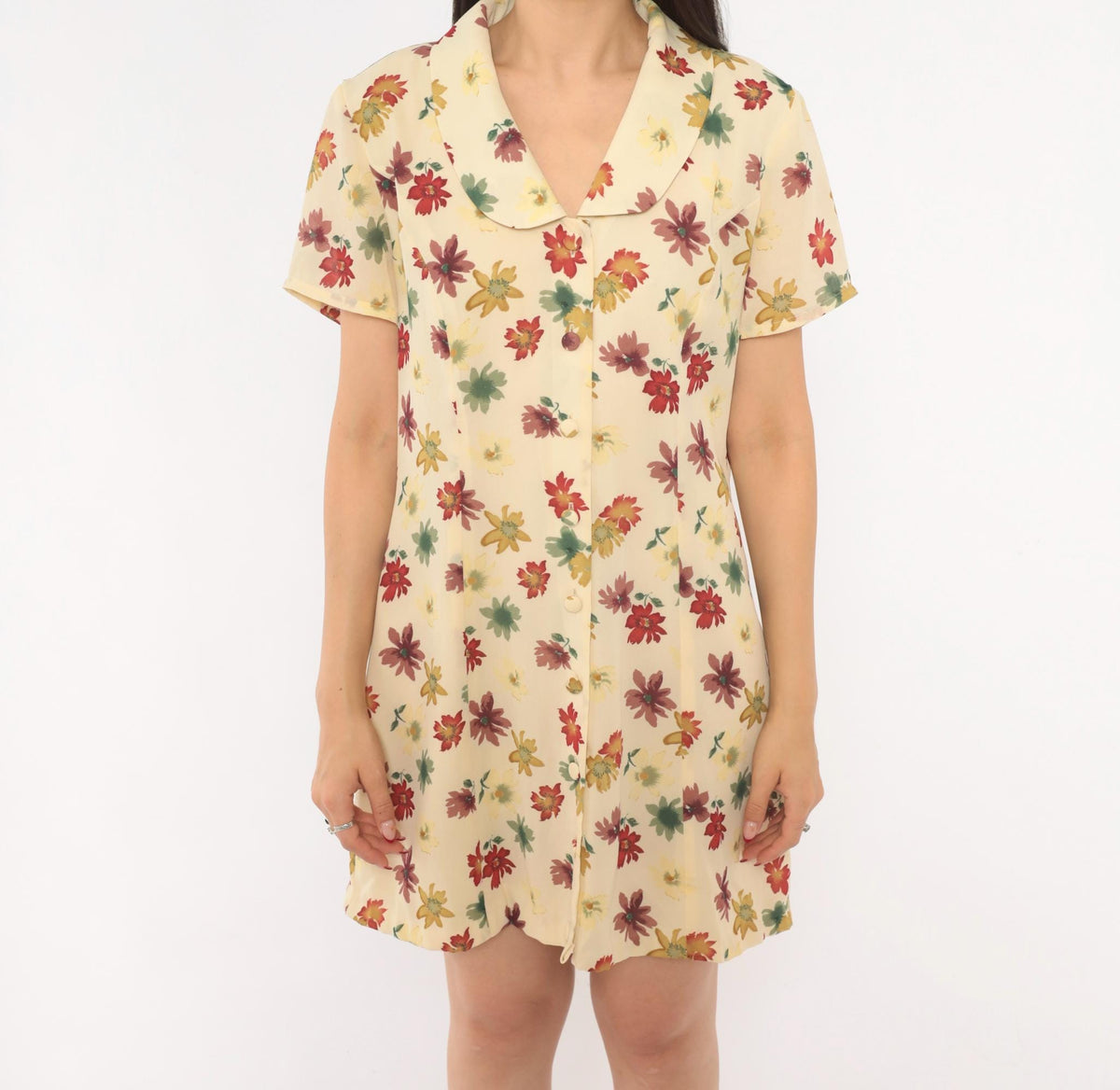 90s Evan-Picone Floral Button Front Mini Dress Cream Daisy Print Medium M