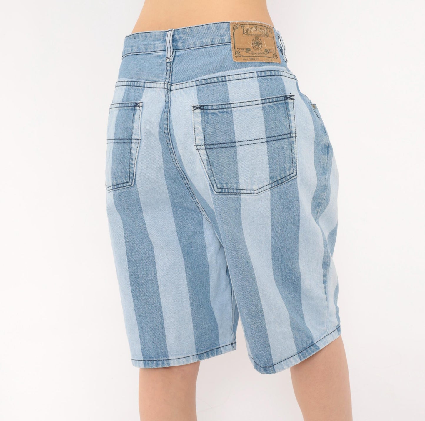 00s Tommy Hilfiger Striped Denim Bermuda Shorts Light Blue High Rise Large L