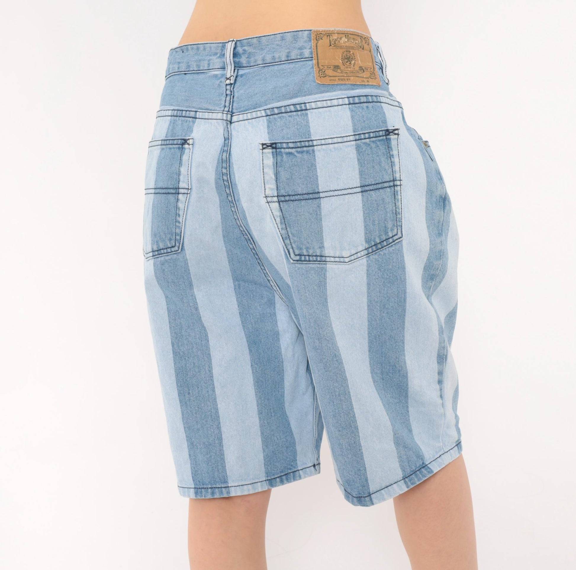 00s Tommy Hilfiger Striped Denim Bermuda Shorts Light Blue High Rise Large L