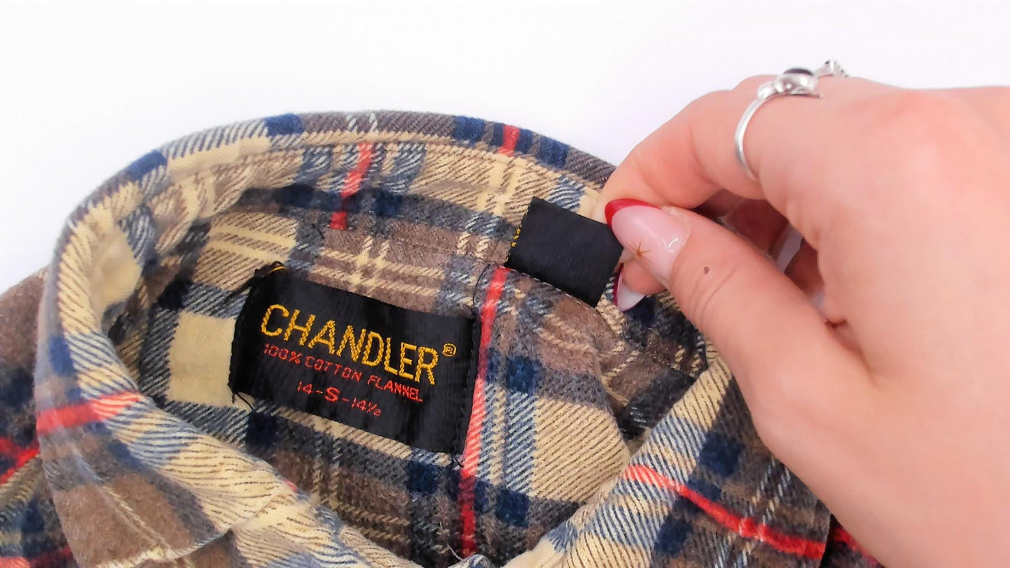 90s Chandler Plaid Flannel Shirt Brown Tan Red Navy Cotton Small S