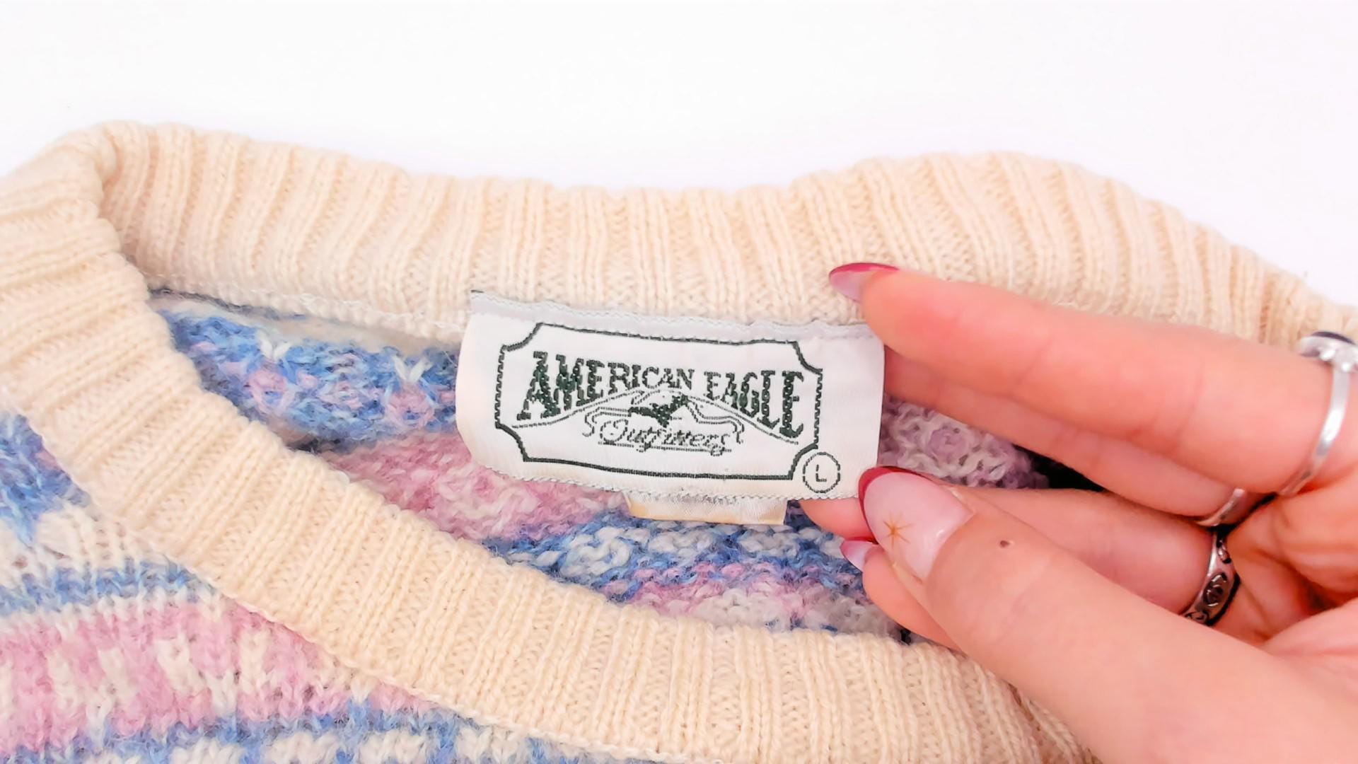 80s American Eagle Fair Isle Wool Sweater Cream Pink Blue Large