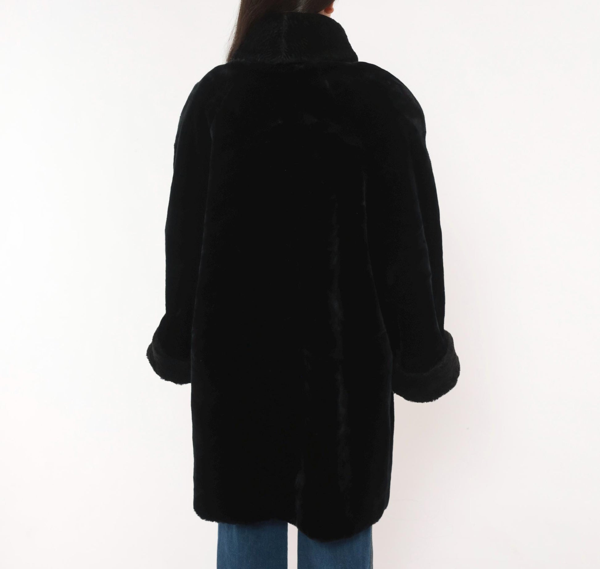 70s Gallery Black Faux Fur Coat Astrakhan Collar Knee-Length Extra Large XL