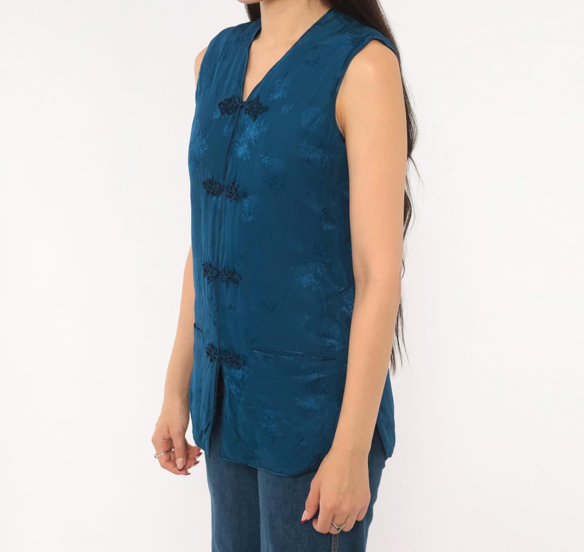 80s Teal Silk Cheongsam Vest Mandarin Frog Closure Floral Small