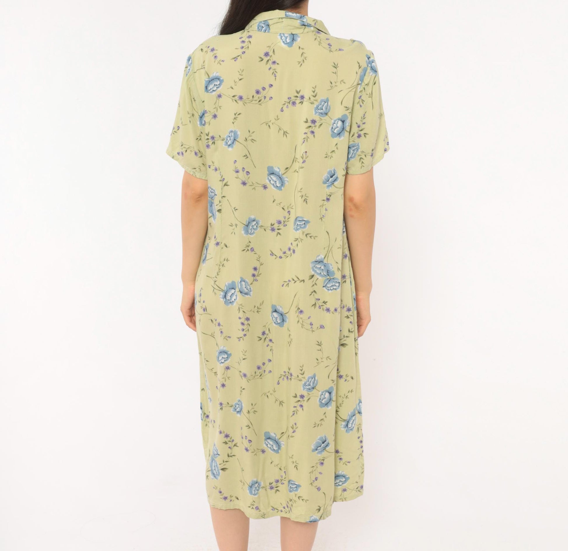 90s Sage Green Floral Shirt Dress Blue Rose Print Midi Medium M