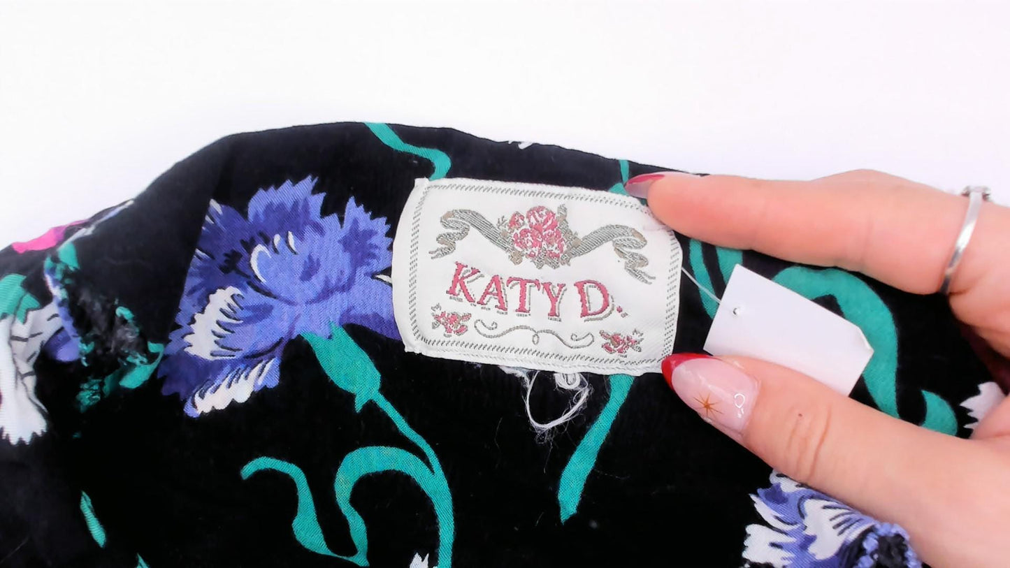 90s Katy D Floral Babydoll Mini Dress Black Empire Waist Scoop Neck Medium M
