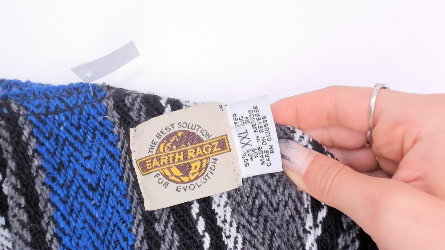90s Earth Ragz Baja Hoodie Navy Grey Striped Herringbone Plus Size XXL