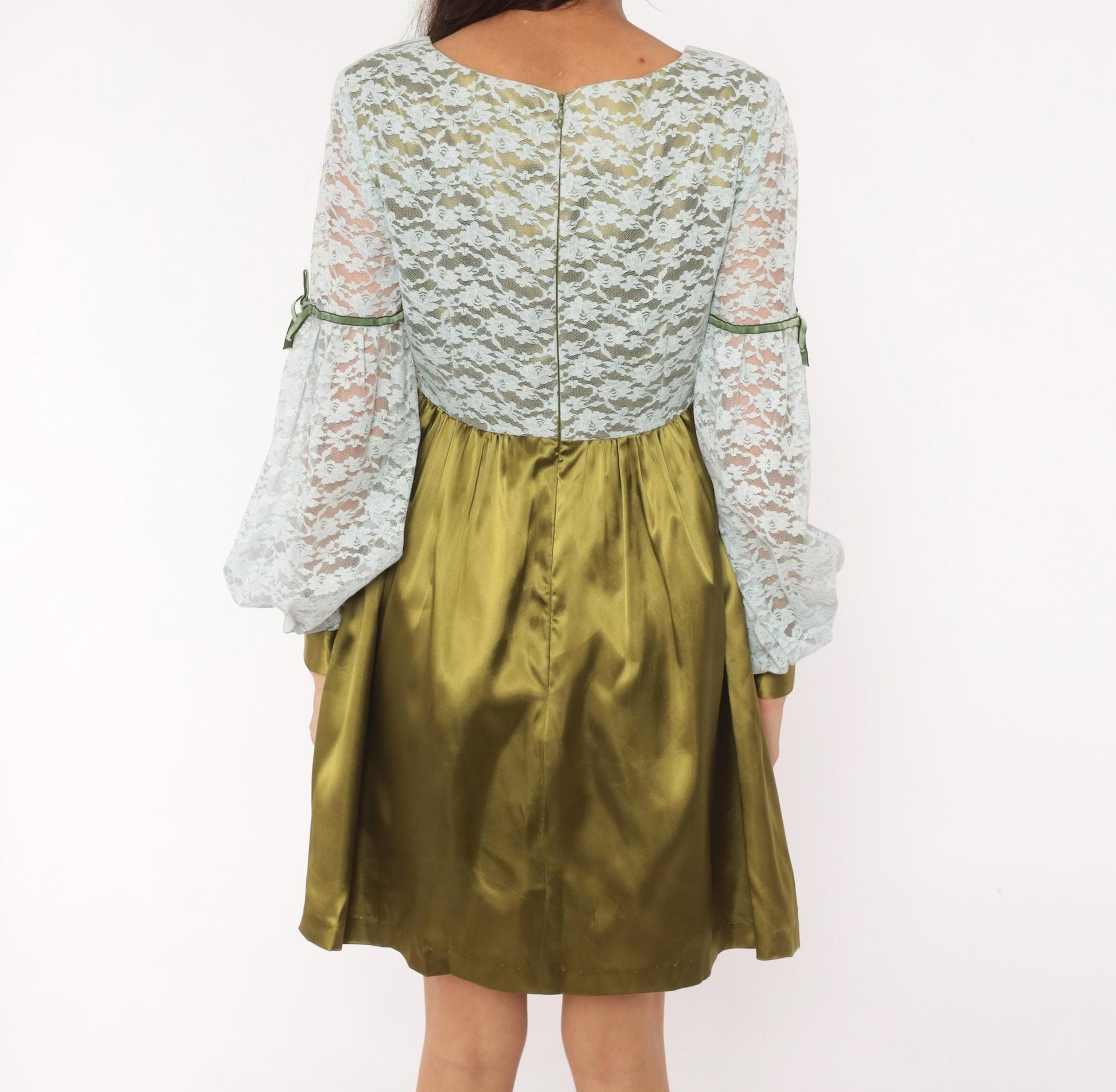 70s Olive Satin Babydoll Dress White Lace Empire Waist Balloon Sleeve Mini Medium