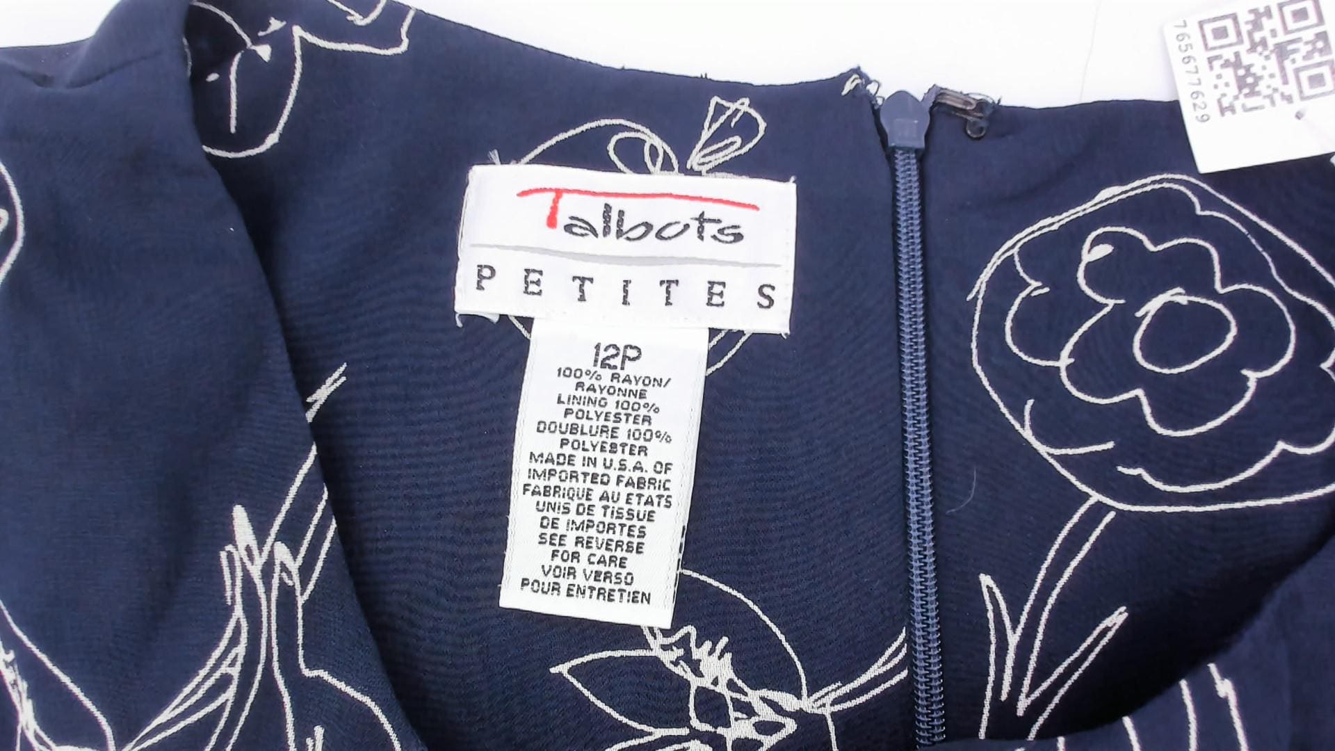 90s Talbots Navy Botanical Line Drawing Knee Dress White Floral Scoop Neck Large L