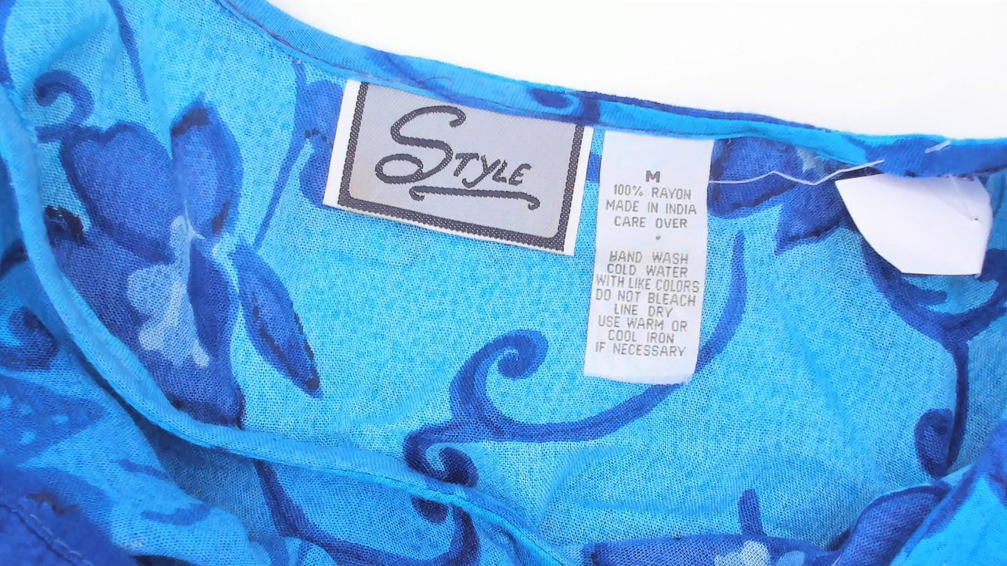 90s Style Teal Floral Maxi Dress Short Sleeve Vine Print Blue Medium M
