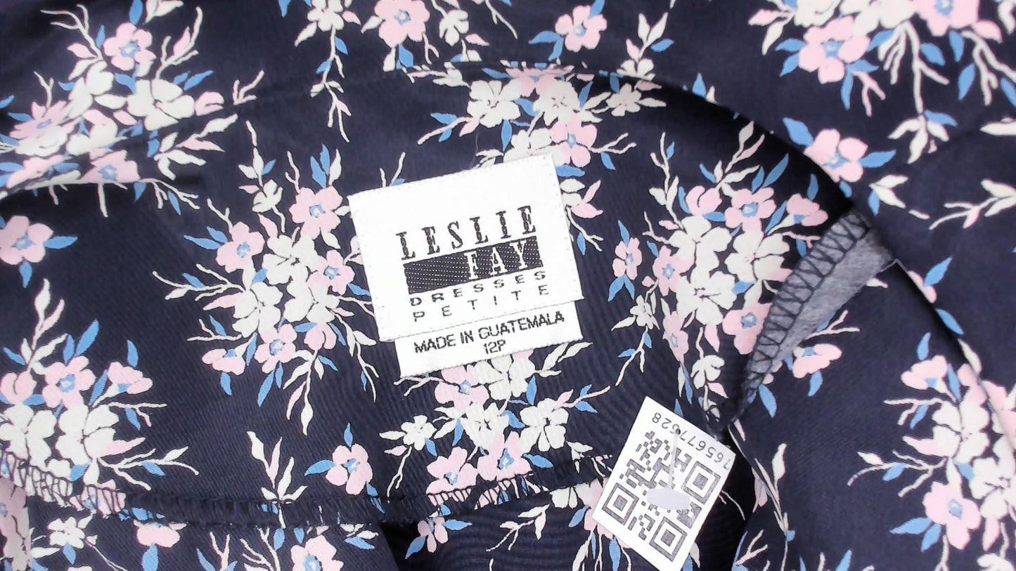 80s Leslie Fay Navy Floral Dress Pink Cream Bouquet Knee-Length Petite Large