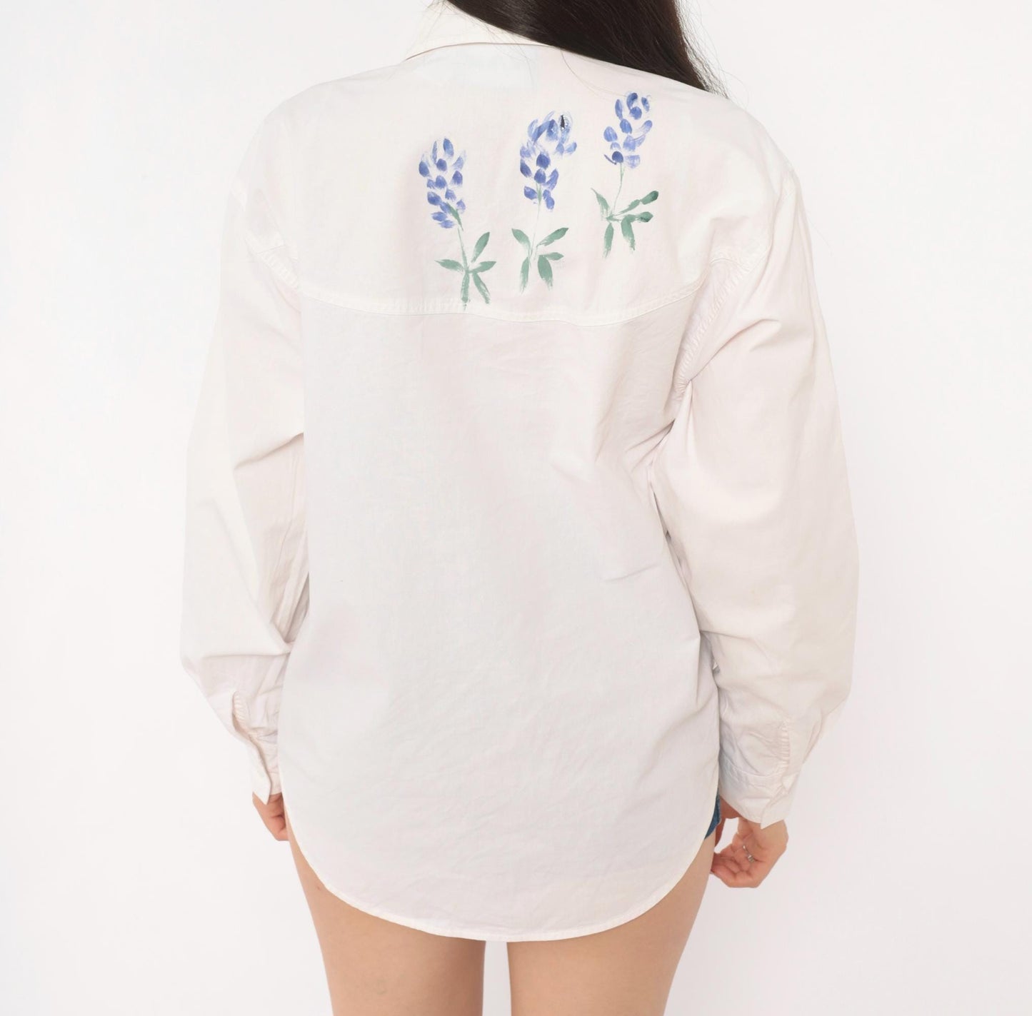 90s Ol' Paint Hand-Painted Wildflower Hummingbird White Cotton Button-Up Medium