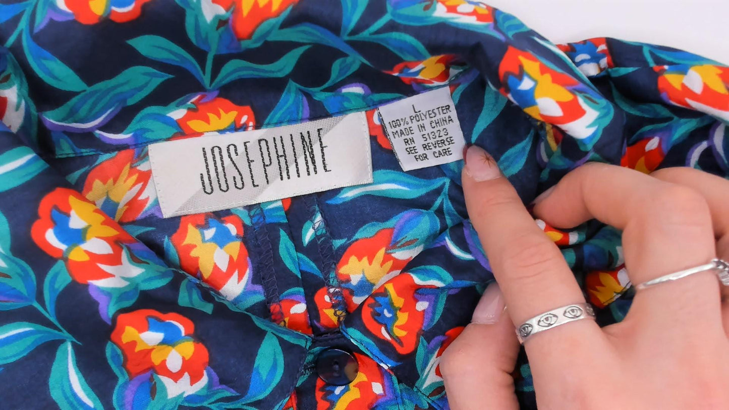 80s Josephine Floral Print Shirt Navy Tulip Blouse Collared Large L