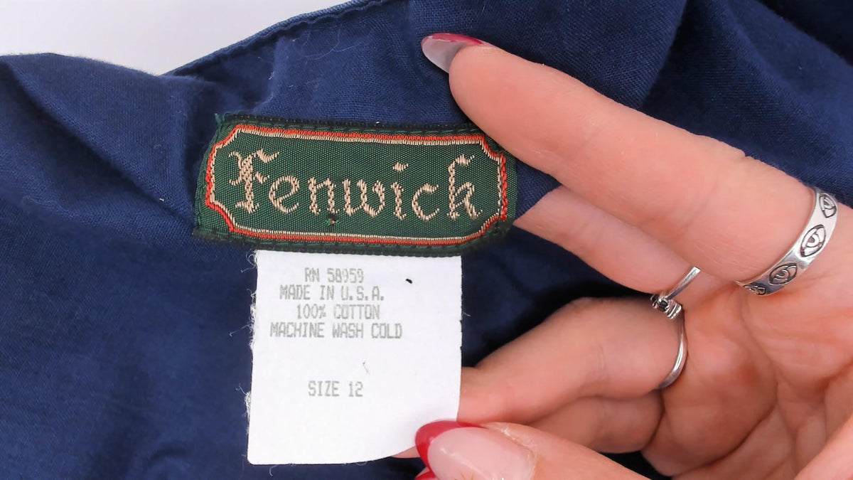 80s Fenwick Navy Cotton Jumper Dress Deep V Maxi Pleated Medium M