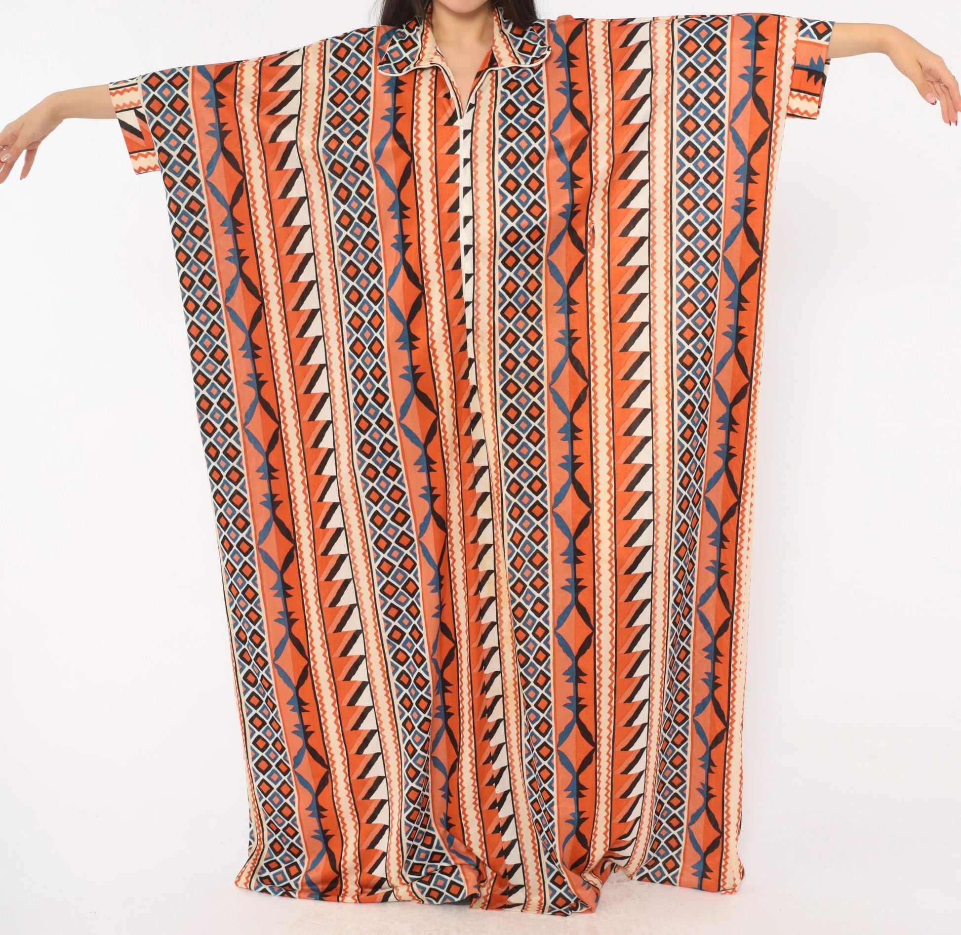 70s Le Voys Aztec Caftan Maxi Dress Orange Cream Blue Geometric Tribal Stripe One Size