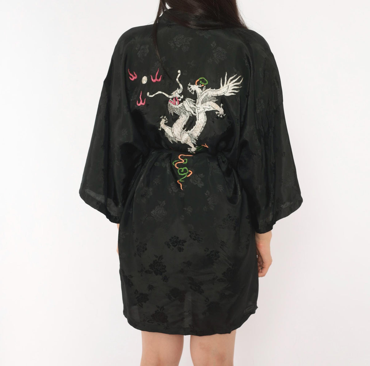 90s Golden Bee Black Satin Kimono Robe Dragon Embroidered Medium M