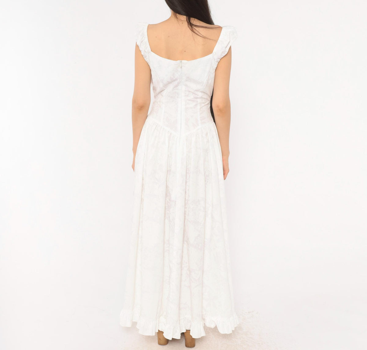 80s White Cotton Maxi Dress Sweetheart Neckline Basque Waist Floral Extra Small