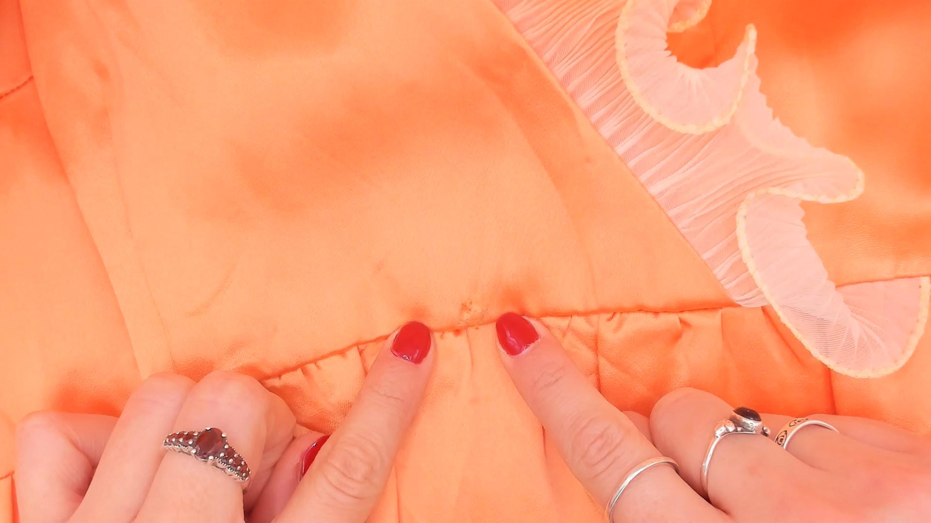 70s Peach Satin Nightgown Surplice V Neck Ruffle Lace Maxi Slip Extra Small XS