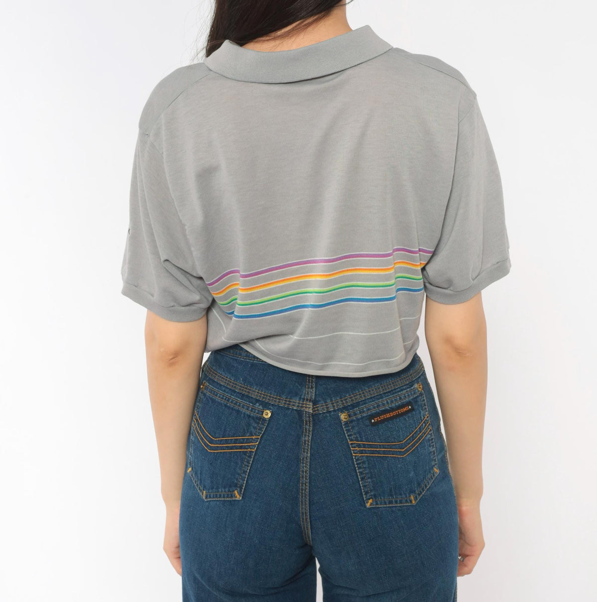 80s Rainbow Stripe Crop Polo Grey Cotton Short Sleeve Medium M