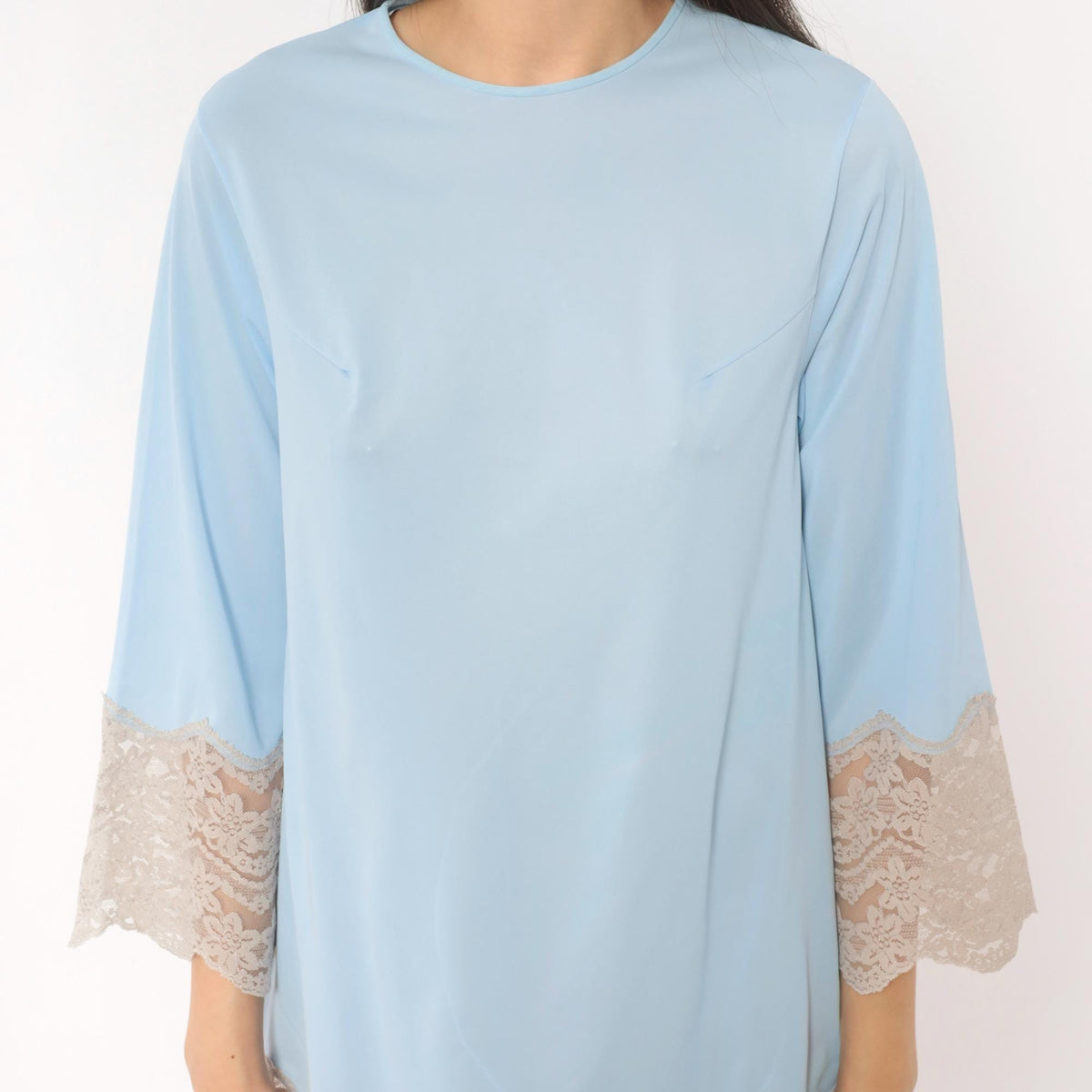 70s Sky Blue Lace Trim Mini Slip Dress Scalloped Bell Sleeve Keyhole Back XS