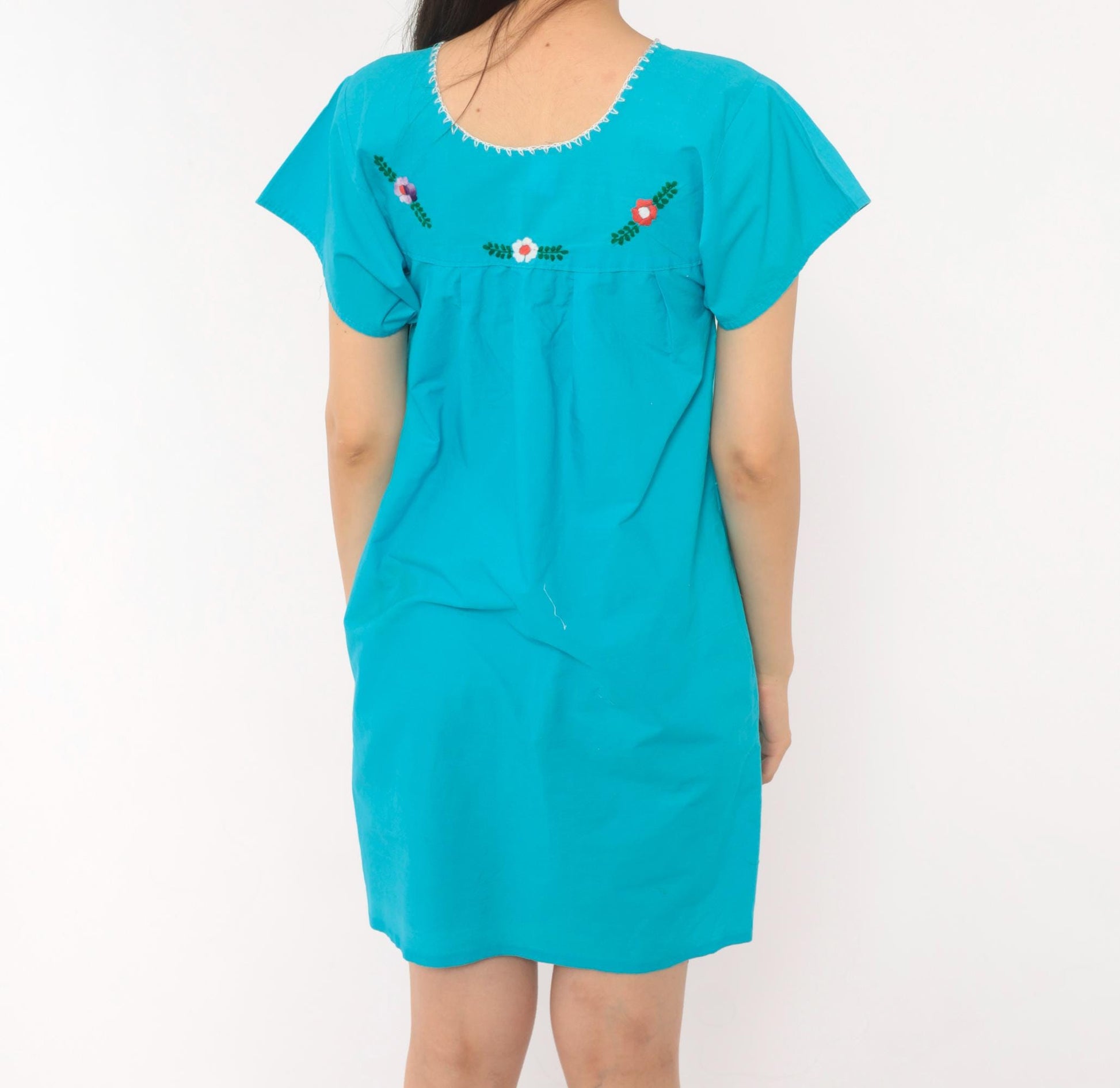 1970s Mexican Puebla Embroidered Cotton Dress Turquoise Floral Mini Extra Small