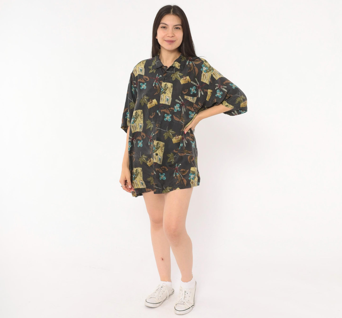 Y2K Firethorn Silk Camp Collar Shirt Dragonfly Botanical Print Teal Medium M