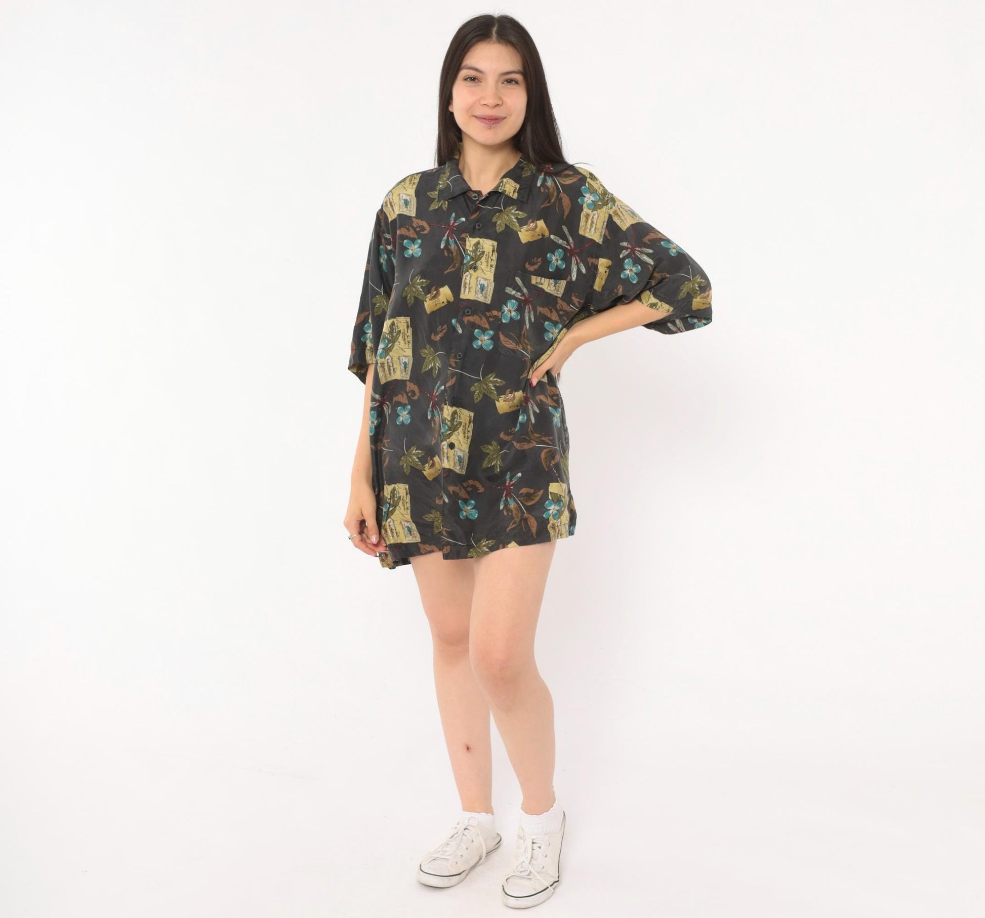 Y2K Firethorn Silk Camp Collar Shirt Dragonfly Botanical Print Teal Medium M