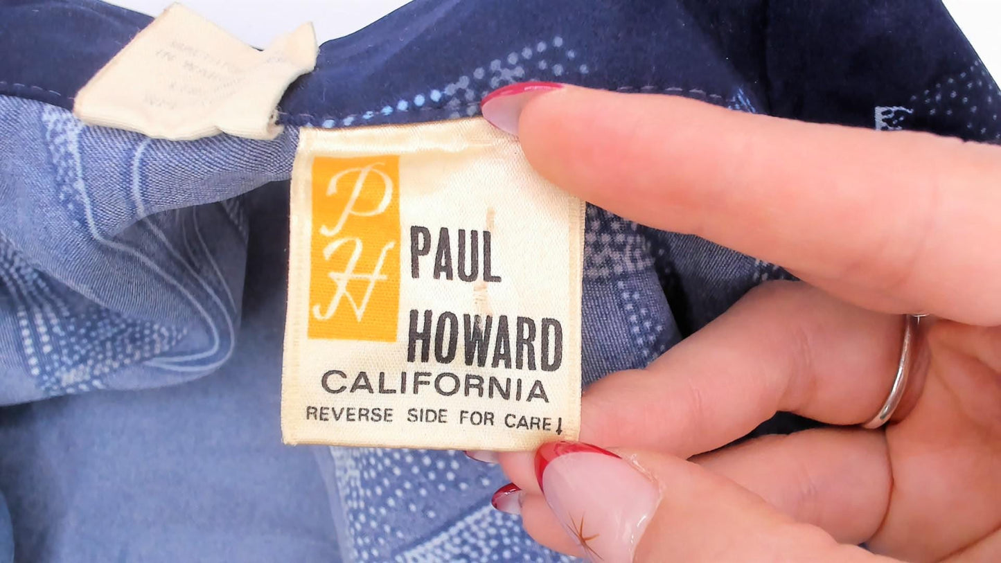 70s Paul Howard Navy Geometric Camp Collar Shirt Abstract Print Large L